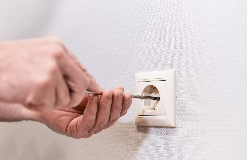 installation sockets new apartment close up hands caucasian man electrician holding screwdriver working plug electric residential electric system 166373 2202