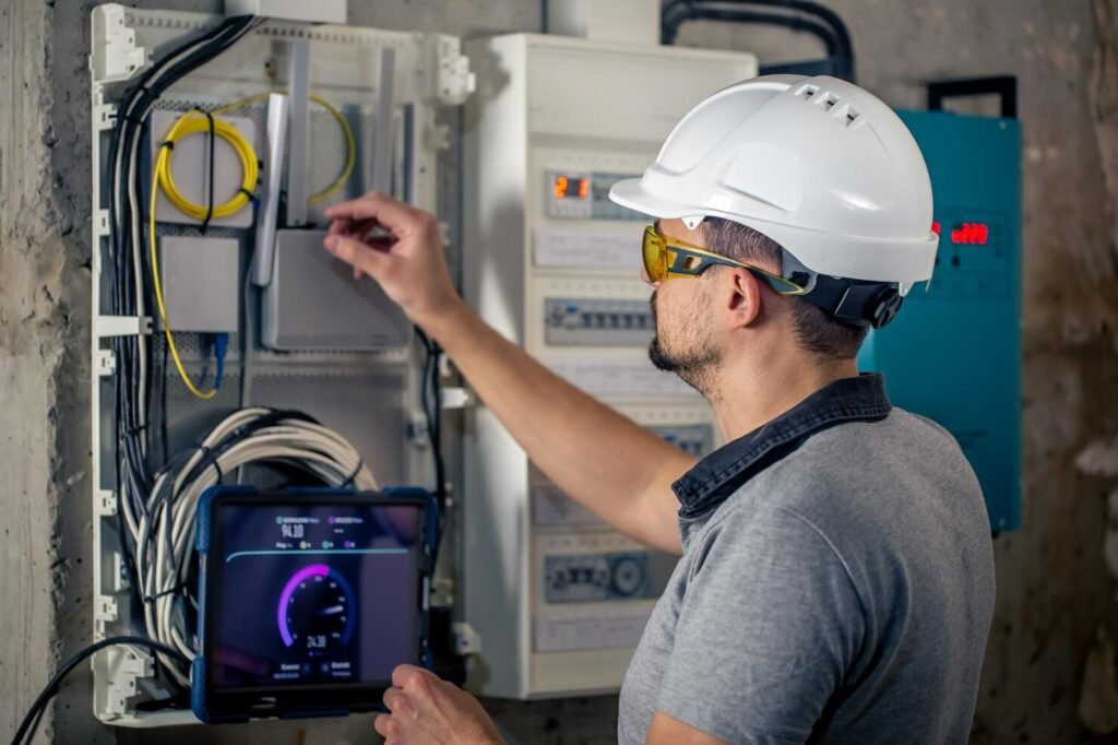 man electrical technician working switchboard with fuses uses tablet 169016 23792